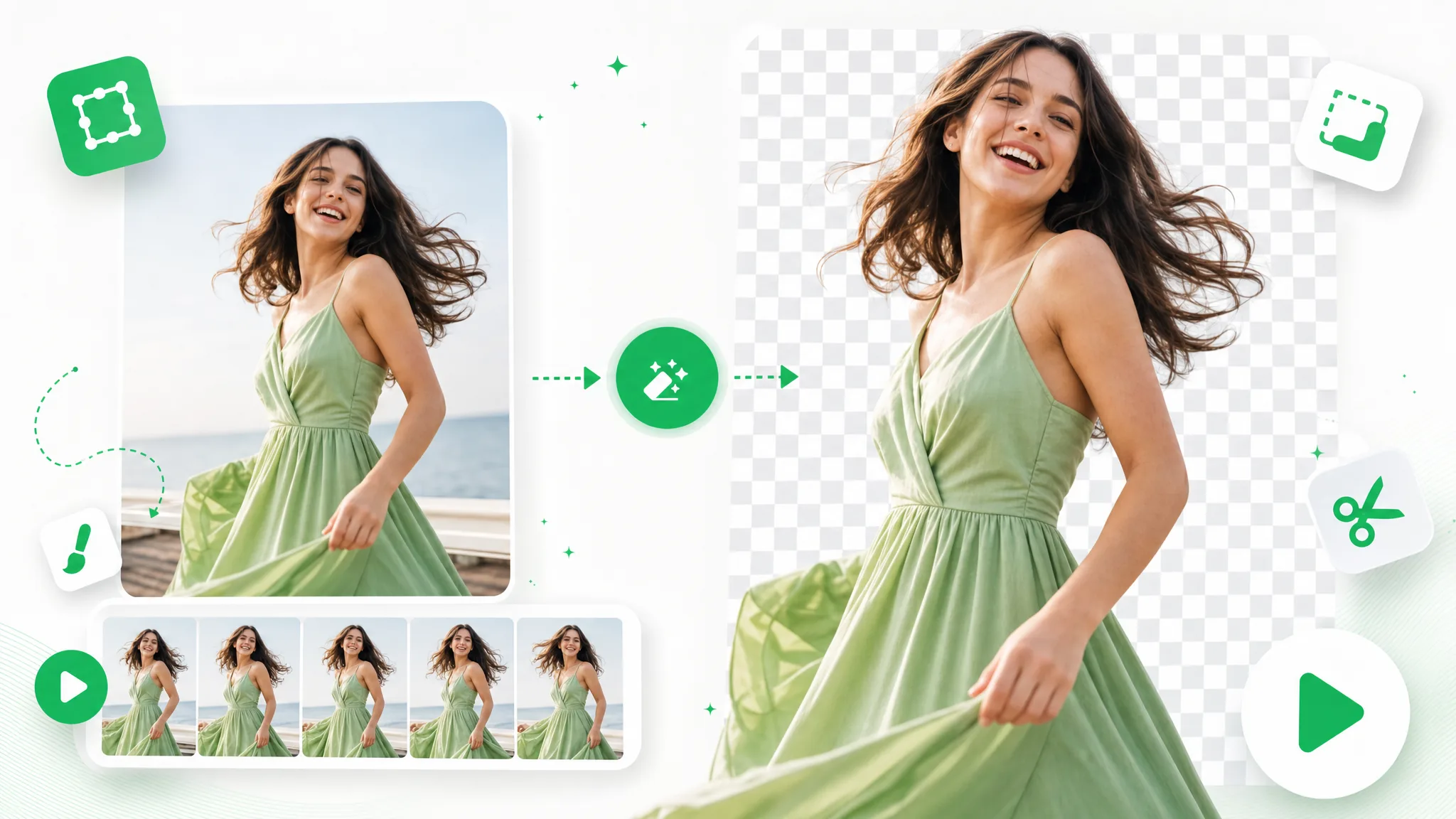 A laughing woman in a flowing green dress by the sea, a strip of clip frames below her and her cutout on a checkerboard.