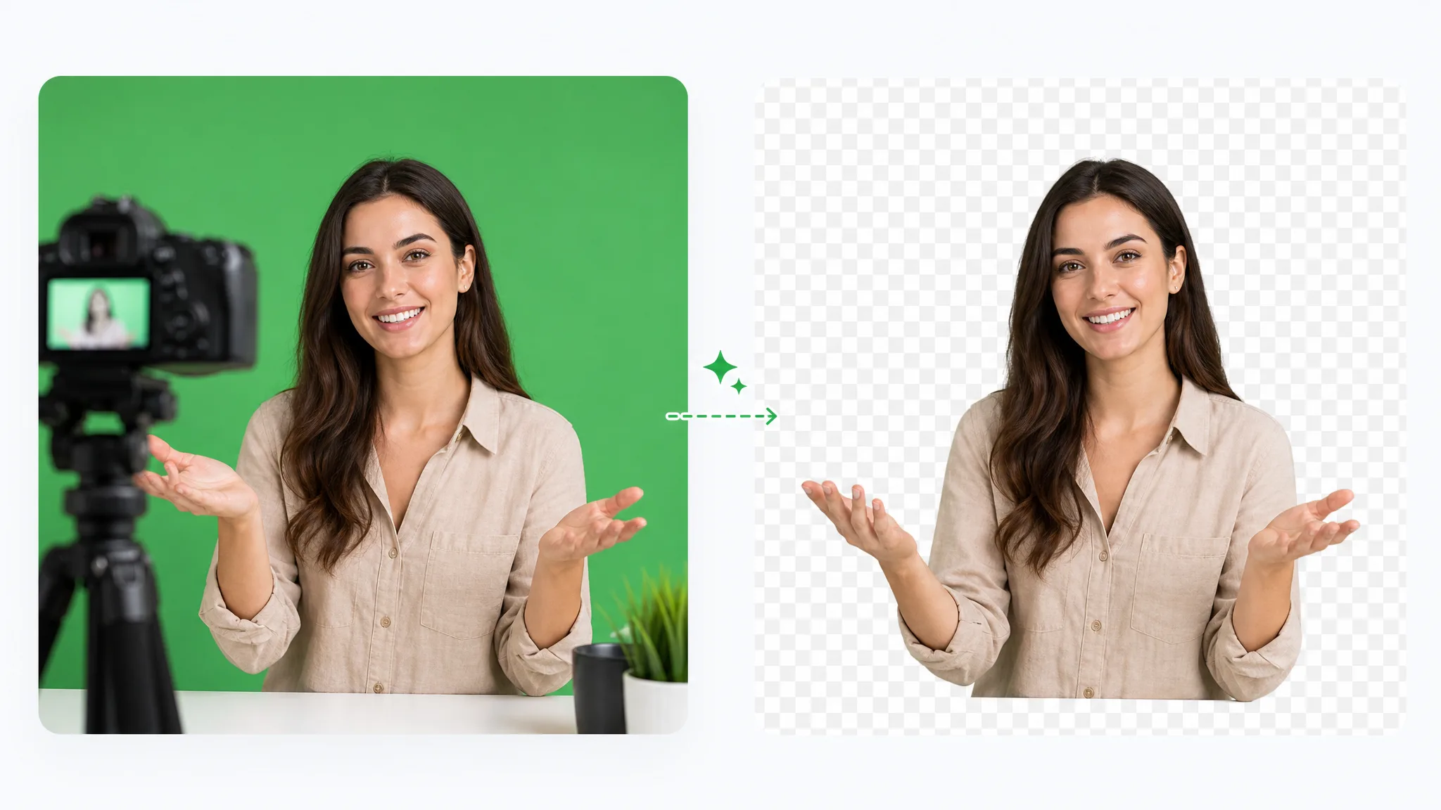 A smiling woman with open hands talks to a tripod camera before a green backdrop, her cutout on a checkerboard at right.