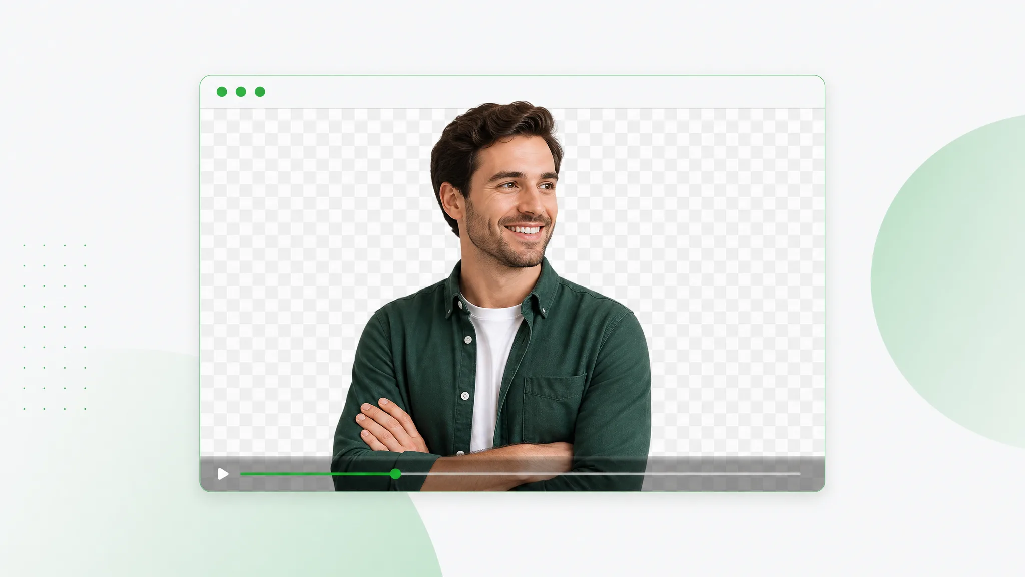 A smiling man with crossed arms on a transparent checkerboard in a browser window, shown as a WebM preview.
