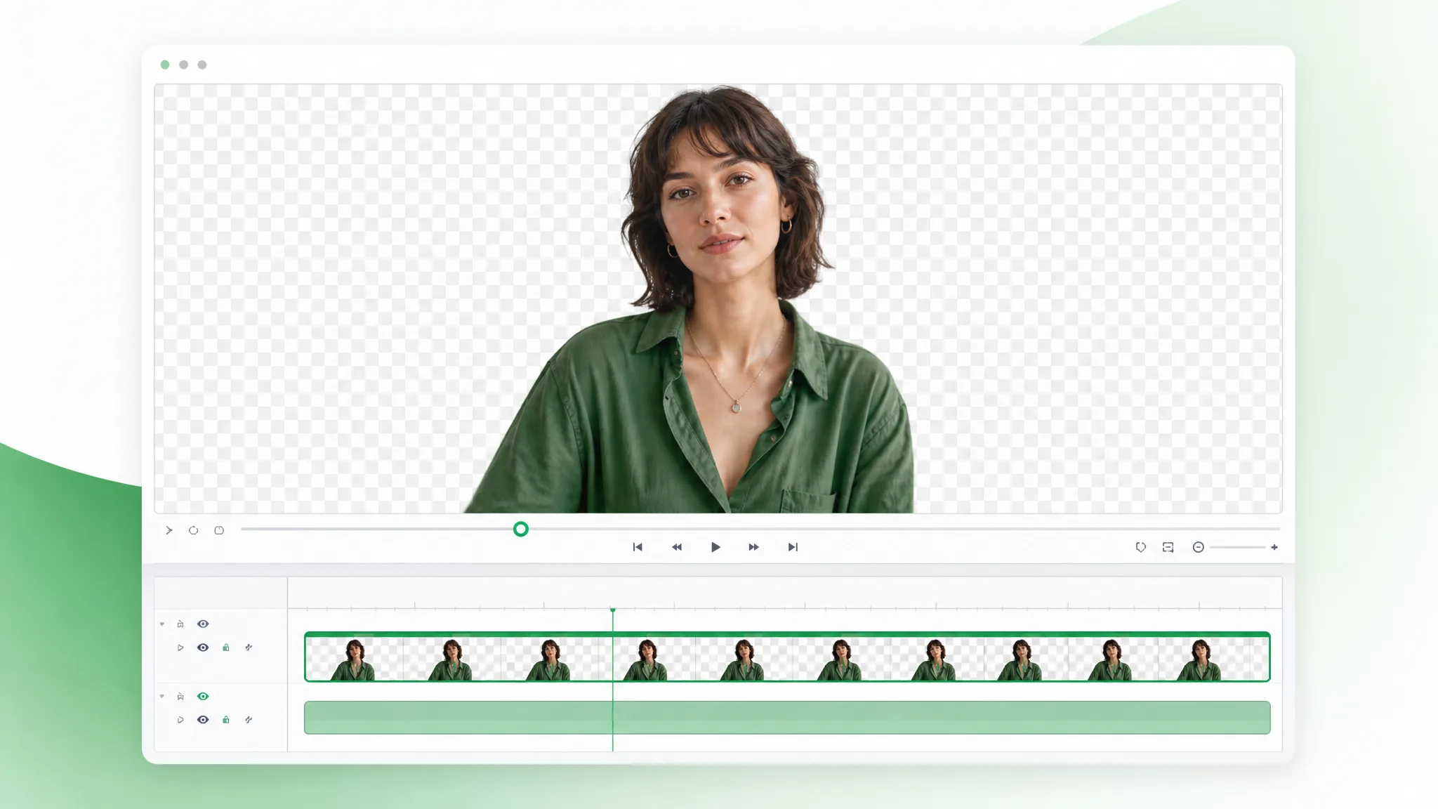 A woman on a transparent checkerboard in a video editor preview, with her clip as a strip of frames on the timeline below.