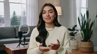 Original sample clip of a woman talking to camera in a living room with a ring light