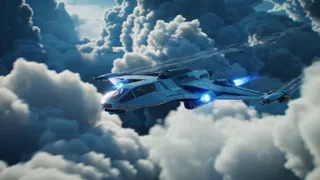 Original sample clip of a sci-fi spaceship flying through blue storm clouds