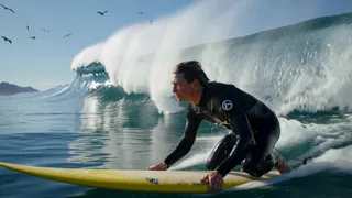 Original sample clip of a surfer crouched on a yellow board riding a large wave